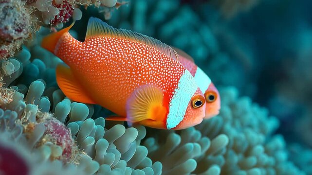 Colorful clownfish swimming among sea anemones in a tropical coral reef ecosystem. Vibrant underwater marine life footage showcasing the beauty of the ocean and natural aquatic habitat. 