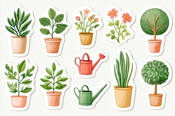 Fototapeta premium Collection of plant stickers with various types of pots, flowers, and gardening tools arranged on a light background