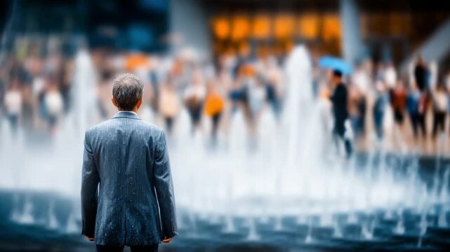 The Contemplative Journey: A distinguished man stands before a vibrant fountain, contemplating the bustling energy of the city, immersed in the rhythm of the urban symphony. 