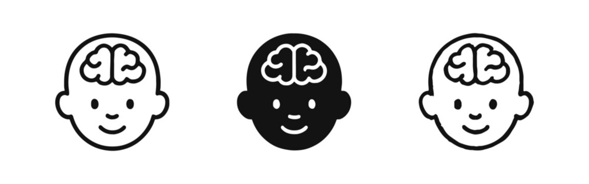 Child head with brain icon set for learning and pediatric development