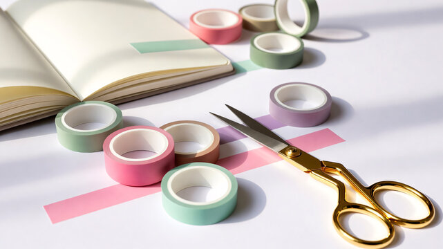 Pastel washi tape rolls with gold scissors and open notebook on white desk, creative stationery flat lay