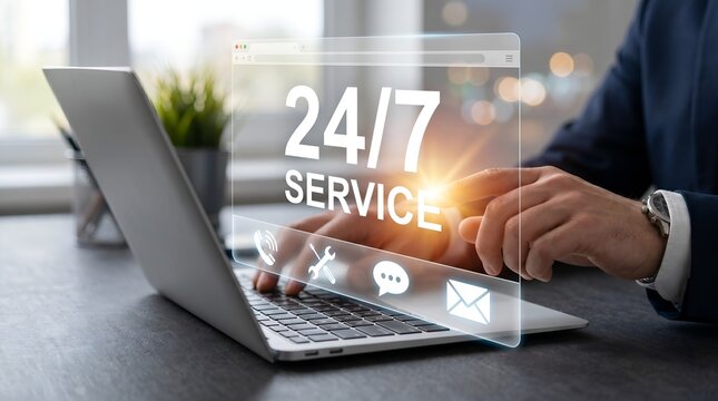 Businessman Using Laptop with 24/7 Service Digital Interface, Customer Support and Online Help Concept.