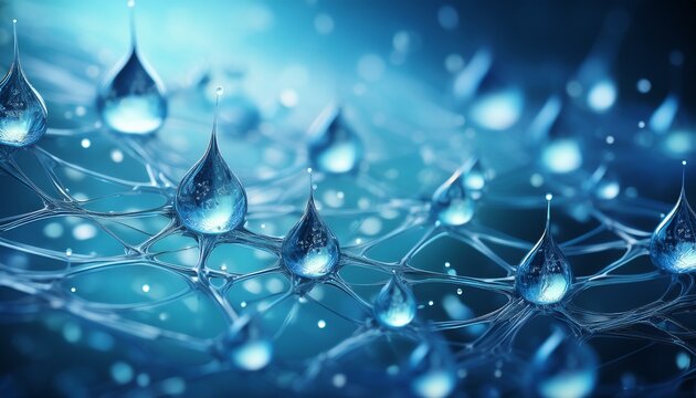 crystal clear water droplets on intricate blue web structure background with glowing connections