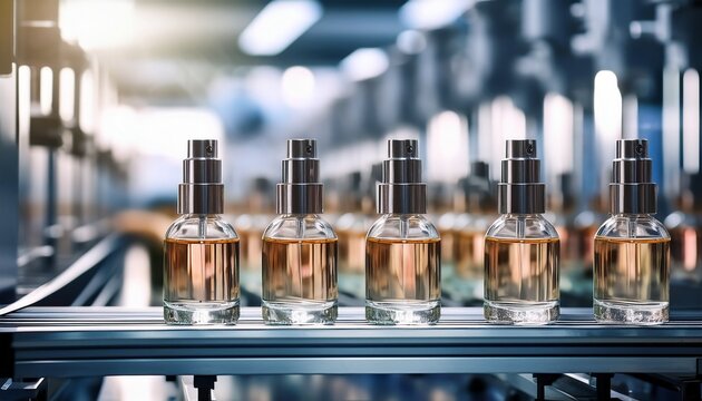 perfume spray bottles on automated factory filling conveyor