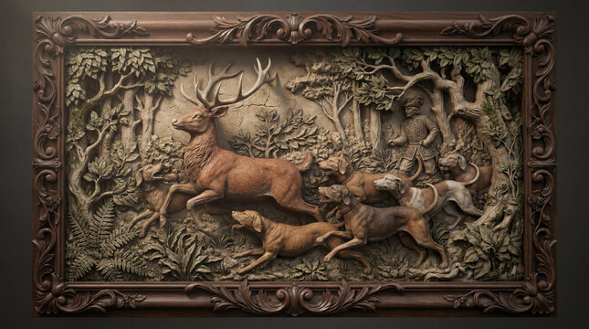 Ornate Wood Carving Relief &ndash; Traditional Hunting Scene with Stag and Hounds in Forest