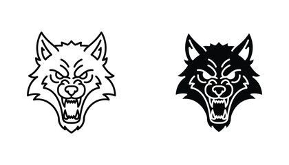 Fototapeta premium Aggressive wolf head mascot logo design in black and white line art and solid silhouette vector graphic for sports team emblems or gaming avatars