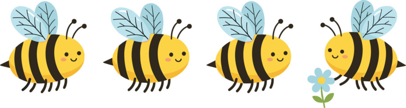 Cute Cartoon Bee Characters with Blue Wings and Flower for Nature and Pollination Illustration in Playful Vector Design.