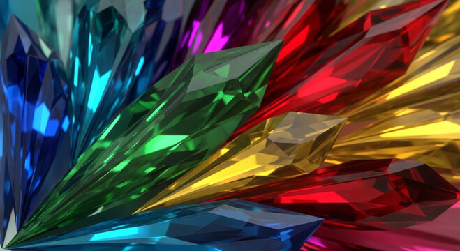 Crystals of sharp multi-colored geometric shapes radiate from a central point to form a brilliant cluster of faceted glass structures that display deep saturation and intricate light reflections.