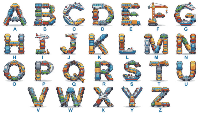 Transportation Alphabet A&ndash;Z Kids Learning Poster, Vehicle Letter Chart with Cars Planes Ships for Educational Classroom Wall Vector Transparent