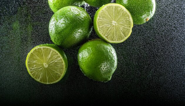 close up of fresh limes covered in water top view of healthy vegetables food background