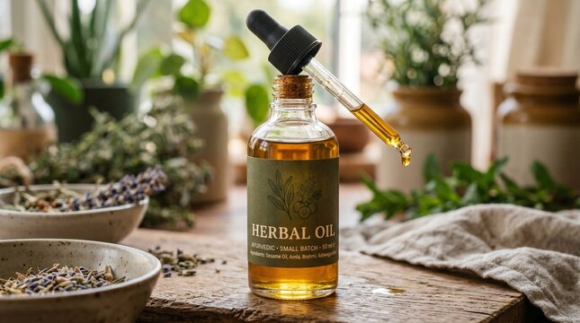 Premium ayurvedic herbal olive oil with glass dropper bottle featuring amla, brahmi, and ashwagandha extract