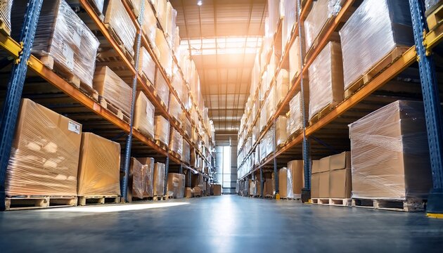 close up photo of large logistic business transport warehouse indoors with boxes and palletes ready for transportation low angle photo