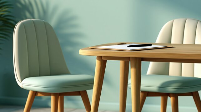 Clinic interview desk with two chairs, blank clipboard and pen in modern mint interior