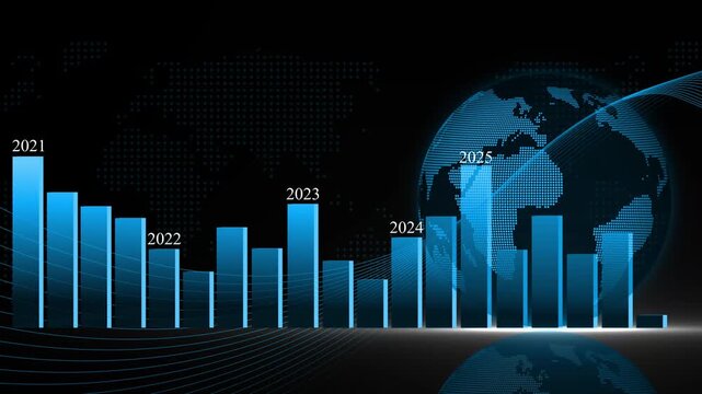 Digital bar chart with years 2021-2026 animation, glowing vertical bars decreasing then varying