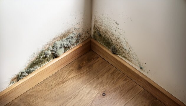toxic mold growing on damp wall corner with wooden floor damage