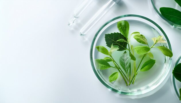pure natural green plants soaked in cup or beaker waiting for extraction on white table food science health nutrition business beauty medical commercial poster poster wallpaper background