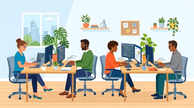 Diverse team of software developers and programmers collaborating on their computers in a modern, open-plan office environment, fostering teamwork and productivity