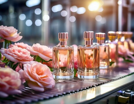 perfume bottles with flowers on automated cosmetic production line