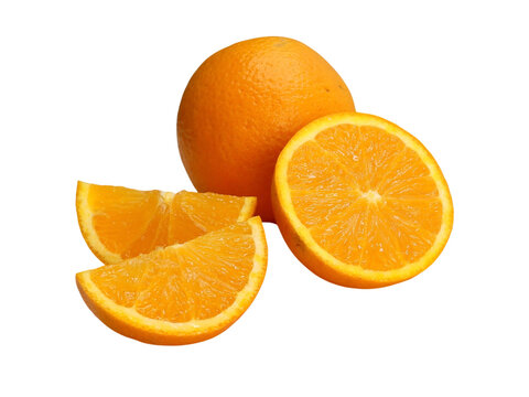 Whole orange with sliced half and wedges on white background