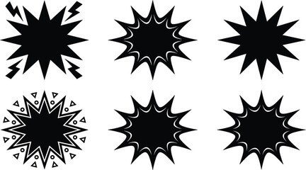 Comic Style Black Explosion Starburst Shapes Vector Set with Spiky Blast and Boom Speech Bubble Elements for Graphic Design and Pop Art Backgrounds © Shukimon
