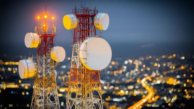 Telecommunication Towers at Dusk: Illuminated telecommunication towers stand tall against the twilight sky, overlooking a sprawling cityscape alive with the glow of evening lights.