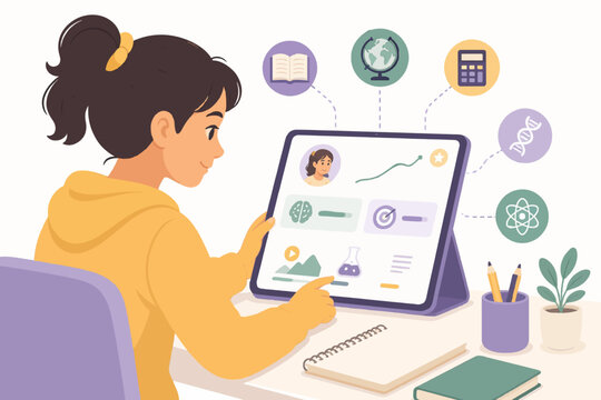 Student learning personalized curriculum on screen with AI adapting content to learning style, adaptive education and personalized learning concept, flat illustration