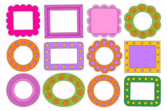 Colorful collection of decorative picture frames and borders isolated on white background