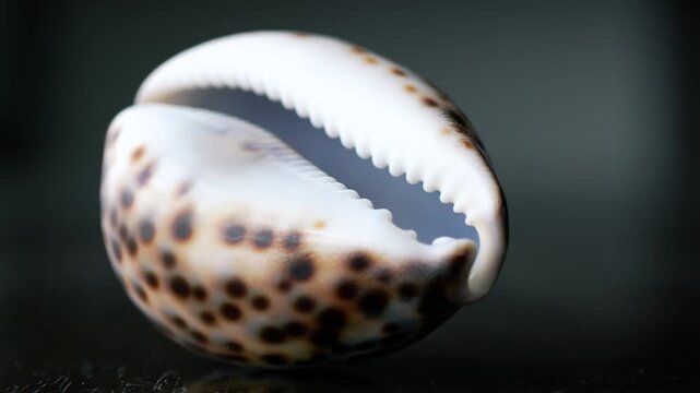 Large sea mollusk shell tiger cowrie on a table close up
