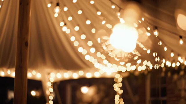 Decorative string lights glowing against a soft fabric background