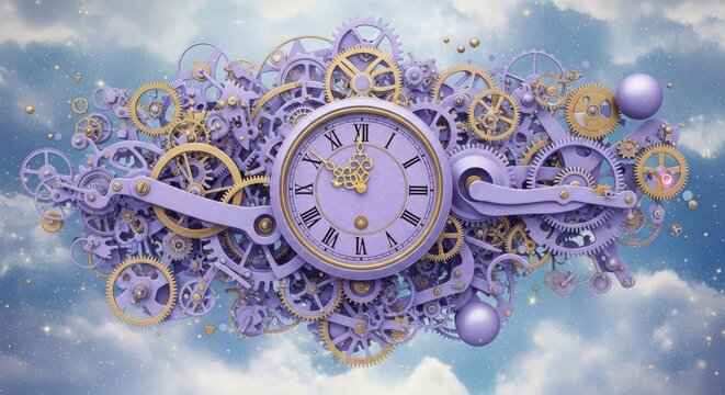 Intricate clockwork mechanism surrounded by ethereal blue and purple abstract forms