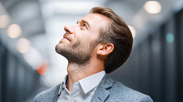 Man's Contemplative Gaze: A close-up shot of a man in deep thought, looking up with a thoughtful expression.