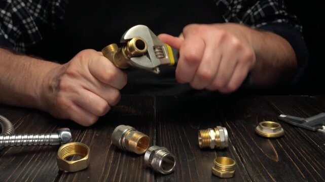 Hands of a technician using an adjustable wrench to tighten brass fittings on a wooden workbench with various plumbing components scattered around