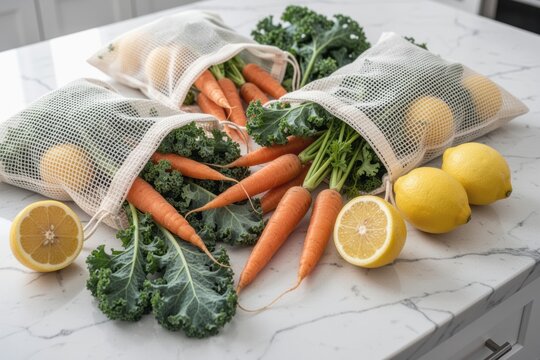 Fresh carrots and kale in reusable mesh produce bags with lemons on counter