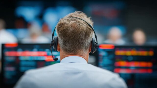 The Guardian of Data: A focused individual, headset-clad, intensely monitors data streams displayed on multiple screens, navigating a complex digital landscape of information and signals.