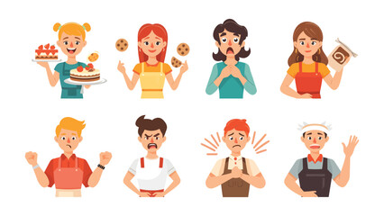 Fototapeta premium Expression of baking experience: Illustrating a variety of emotion for bakery staff while baking products. Expressing experience such as satisfaction and stress