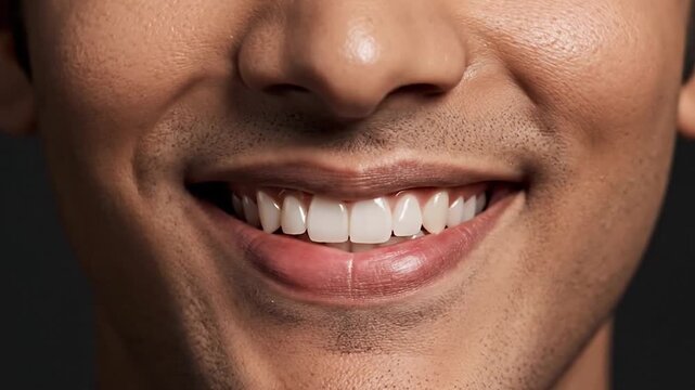 Close up of a man's healthy, white, and smiling teeth against a dark background