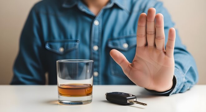 Man refusing to drink alcohol while holding his car keys to ensure he drives home safely