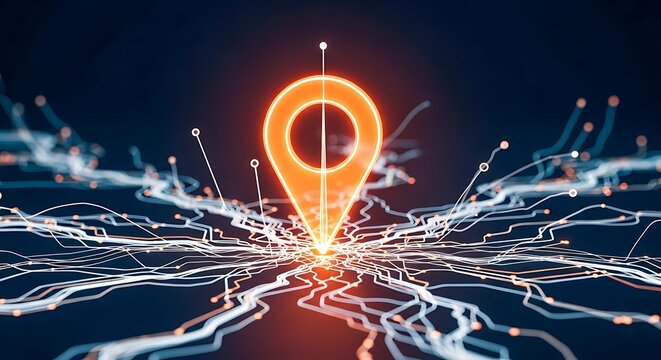A glowing digital map pinpointing a location on a network of light trails isolated on white background