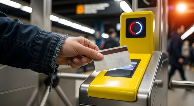 Person using a credit card to pay for access at a yellow subway station gate