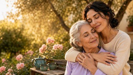 Fototapeta premium Adult Daughter Embracing Mother in Sunlit Garden for Family Lifestyle