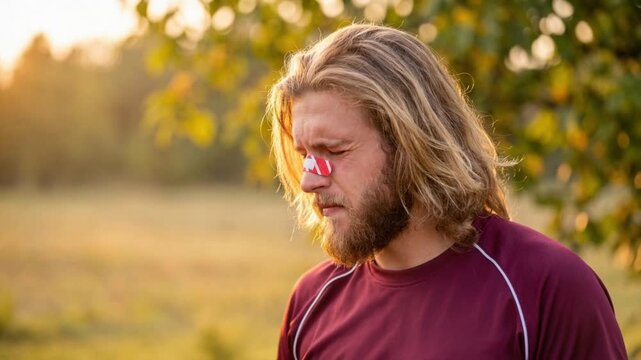 A man with long blonde hair and a beard touches a bandage on his nose while squinting in pain outdoors. Facial injury, sports accident, first aid, painful moment.