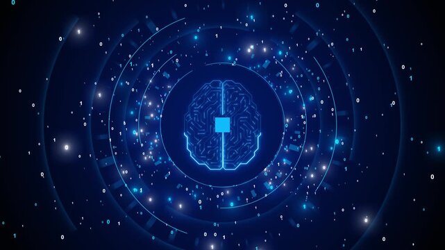 Artificial intelligence brain background glowing blue neural circuit, binary numbers, HUD rings, digital space. AI machine learning intros, data science promos, automation clips, and tech overlays.