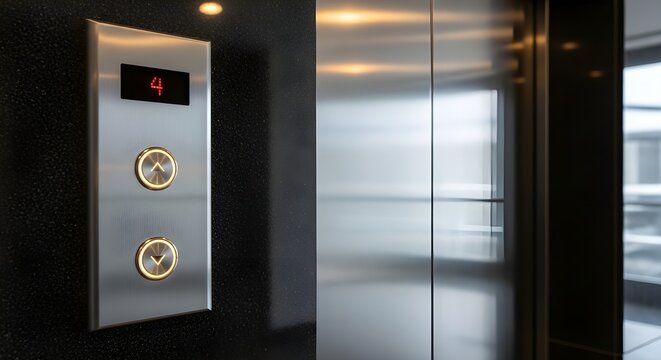 Modern elevator control panel with glowing circular buttons showing the fourth floor on a wall