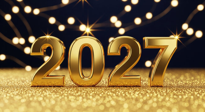 Golden 2027 foil balloons on dark background with confetti perfect for New Year celebration themes and holiday party invitations