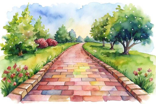 Colorful brick pathway through garden with trees and flowers on white background watercolor