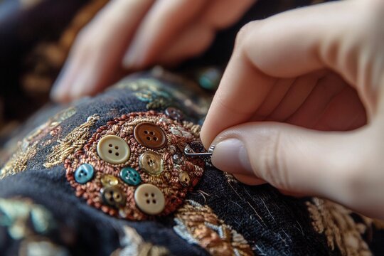 Person attaching vintage buttons to fabric brooch