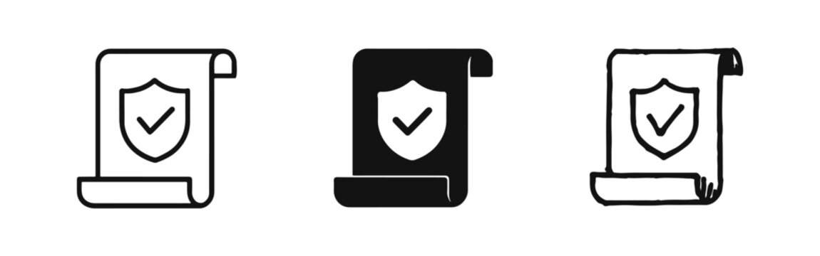 Verified document and scroll icons with shield protection symbol in three styles