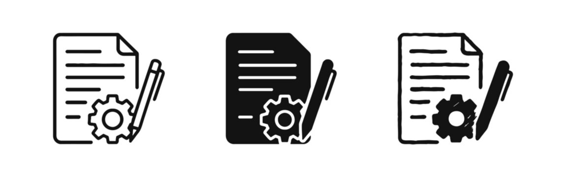Technical settings and process documentation icons with gear and pen in three styles