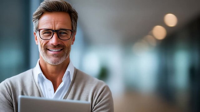 Thoughtful Executive Portrait: A sophisticated man with glasses exudes confidence and expertise, holding a tablet and smiling serenely. Ideal for business, technology, or lifestyle themes.