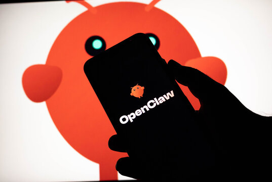 A person holding a smartphone displaying the openclaw logo with a large orange android mascot in the background